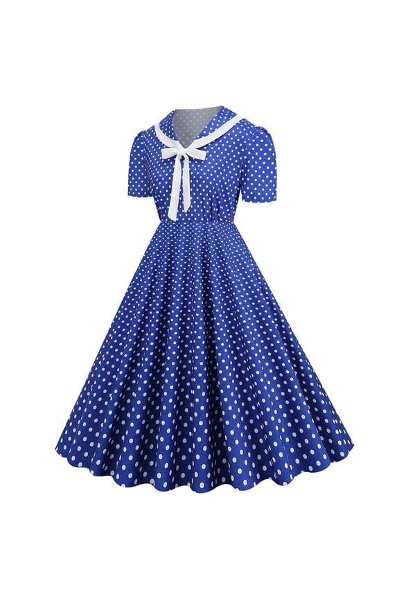 Womens Dresses Polka Dot Sailor Collar Bow Short Sleeve A-Line Flared Mid-Length,Sizes S-2XL