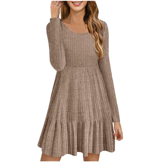 Aeguzox Womens Dresses Scoop Neck High Waist Vertical Rib Long Sleeve Double Ruffle Tier Outfit,Sizes S-2XL