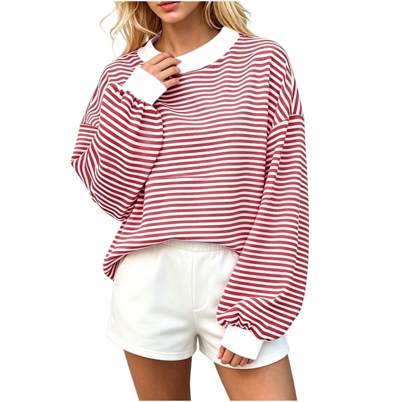 Aeguzox Womens Sweatshirt Crewneck Long Sleeve Oversized Striped Pullover Tops,Sizes S-5XL