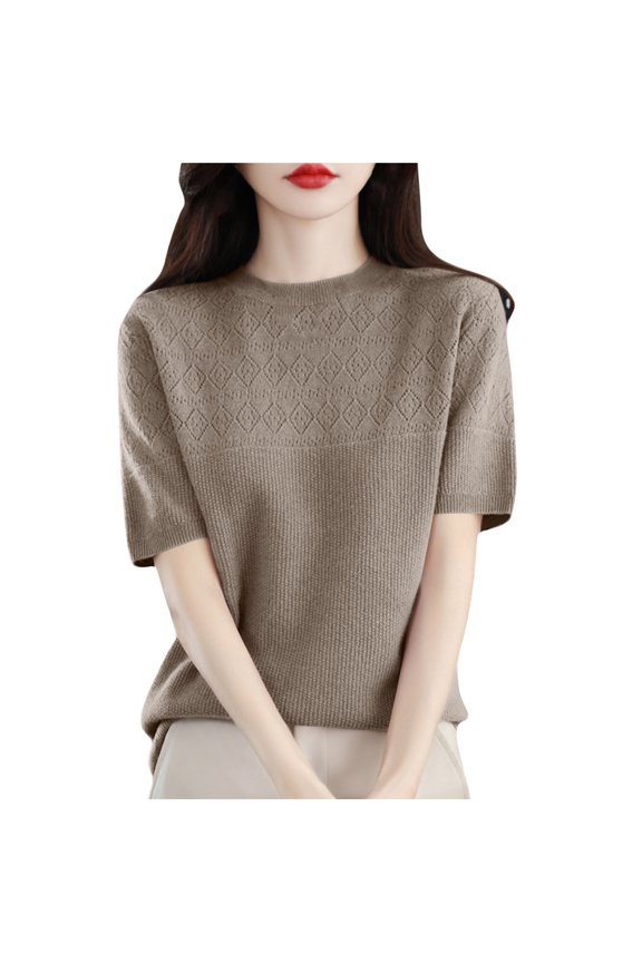Womens Tops Diamond Lace Jacquard Knit Segmented Weave Design Ribbed Texture Crewneck Short Sleeve,Sizes S-2XL