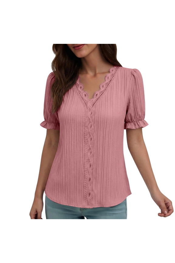 Womens Tops Draping Lace Trim Texture V-Neck Wave Design Puff Short Sleeve Ruffle Cuff,Sizes S-5XL