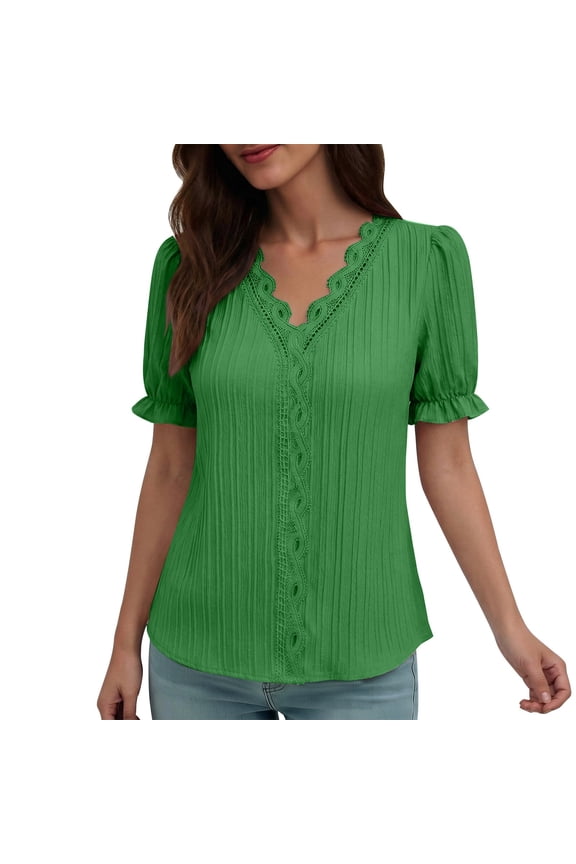 Womens Tops Draping Lace Trim Texture V-Neck Wave Design Puff Short Sleeve Ruffle Cuff,Sizes S-5XL