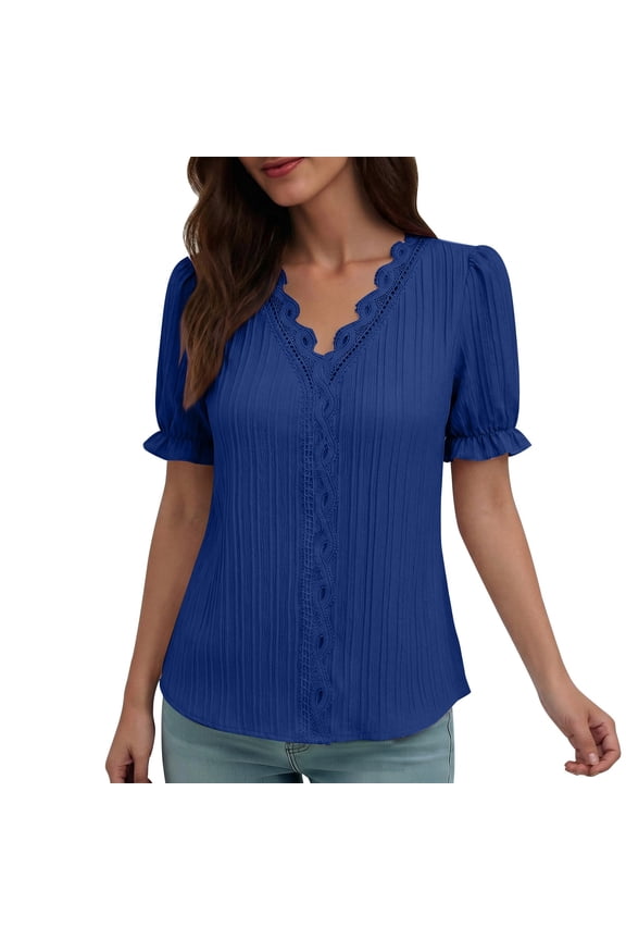 Womens Tops Draping Lace Trim Texture V-Neck Wave Design Puff Short Sleeve Ruffle Cuff,Sizes S-5XL