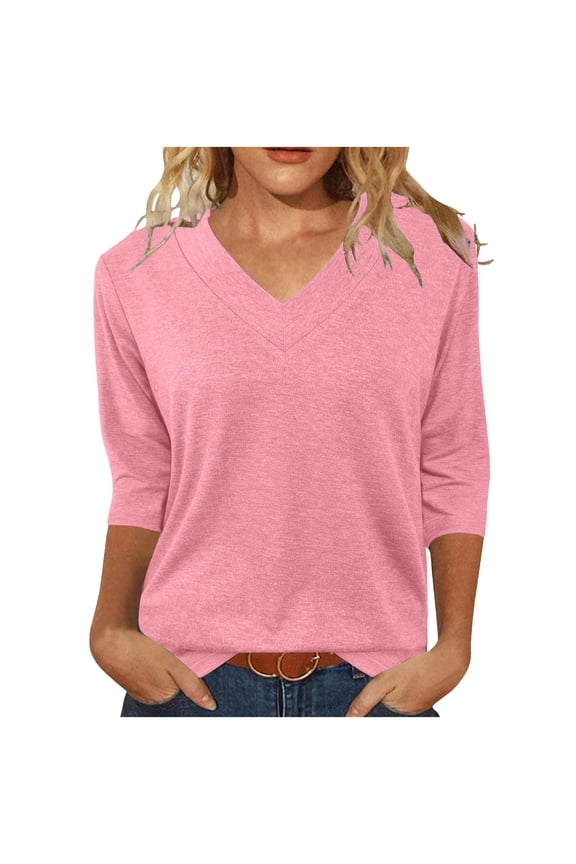 Womens Tops Draping Structured Flattering Fit V-Neck Three-Quarter Sleeve Knit Texture,Sizes S-2XL