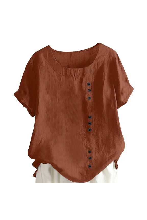 Womens Tops Linen Texture Asymmetric Button Relaxed Short Sleeve Home Outing Dual-Use,Sizes S-5XL