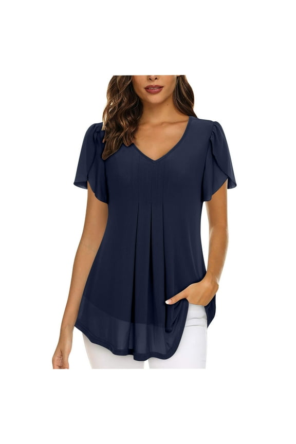 Womens Tops Ruffle Flutter Sleeve Front Pleat Detail A-Line Draping Fit Summer Slimming,Sizes S-2XL