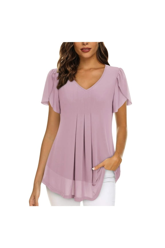 Womens Tops Ruffle Flutter Sleeve Front Pleat Detail A-Line Draping Fit Summer Slimming,Sizes S-2XL