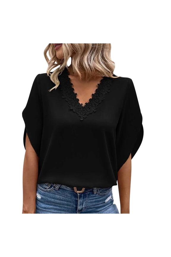 Womens Tops Solid Flare Sleeve V-Neck Short Sleeve Spring Summer Relaxed,Sizes S-2XL