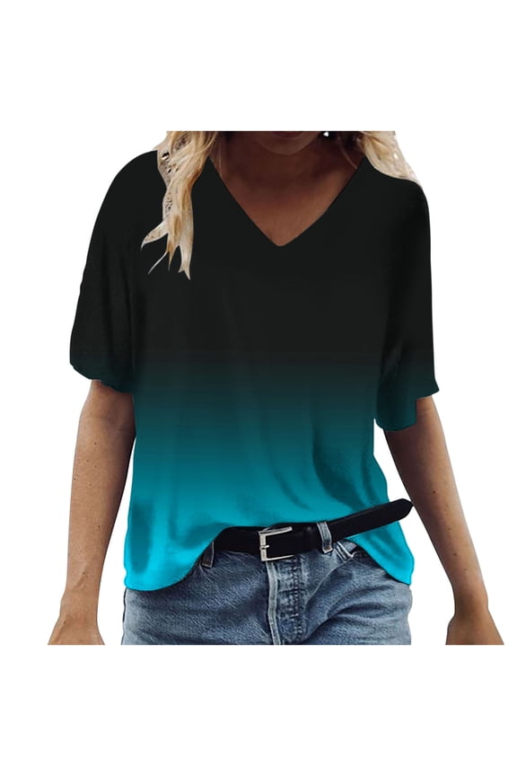 Womens Tops Summer Casual V-Neck Gradient Ombre Short Sleeve Loose Fit,Sizes S-5XL