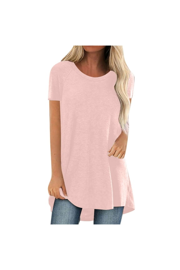 Womens Tops Summer Solid Round Neck Loose Short Sleeve Blouse,Sizes S-5XL