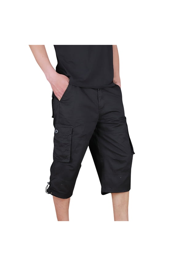 Work Pants for Men Utility 3/4 Cut Elastic Waist Button Flap Pockets Custom Toggle Hem Walking Wear,Sizes M-5XL