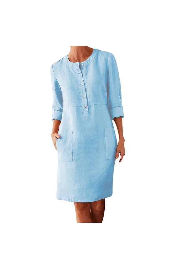 summer Dresses for Women Henley Neck Three Quarter Convertible Cuff Button Front Linen Pocket Mid Apparel,Sizes M-5XL