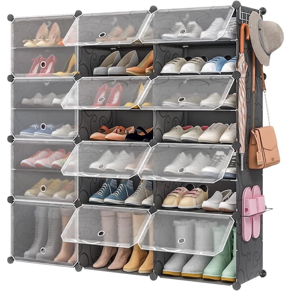 Aeitc 48-Pairs Shoe Rack Organizer Shoe Organizer Expandable Shoe Storage Cabinet Narrow Standing Stackable Space Saver Shoe Rack for Entryway, Hallway and Closet,Black with Door