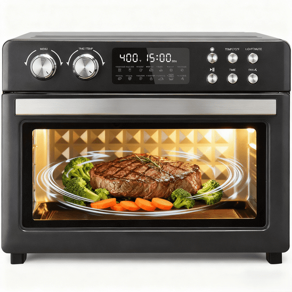 Air Fryer Toaster Oven Combo, 28Quart 12-in-1 Extra Large Countertop Convection Oven with LED Display, Toast, Roast, Bake, Reheat, Broil & Steam , 7 Accessories+Recipe, Black