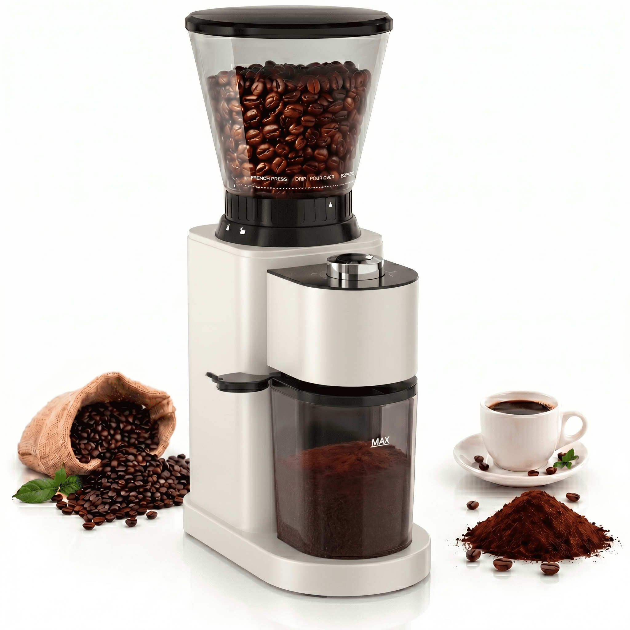 Aeitto Burr Coffee Grinder, Coffee Grinder Electric, Stainless Steel Coffee Bean Grinder, 48 Grind Settings, Espresso/Pour Over/Cold Brew/French Press Coffee Maker, Beige