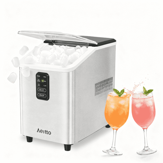 Aeitto Countertop Ice Maker Bullet Ice Machine, 8 Ice Cubes in 6 mins,26lb/Day Ice with 2 Sizes- Self-Cleaning Compact Portable Ice Makers for Home Kitchen, Office, RV