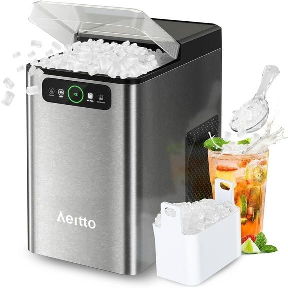 Aeitto Nugget Ice Maker Countertop, Pellet Ice Machine Soft Chewable Ice 40lbs/Day, One-Click Operation, Auto Self-Cleaning Crushed Ice Makers Stainless with Scoop for Home/Kitchen/Office Gray