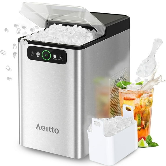 Aeitto Nugget Ice Maker Countertop,Pellet Ice Maker Machine Soft Chewable Ice 40lbs/Day, One-Click Operation,with Scoop for Home/Kitchen/Office,Silver