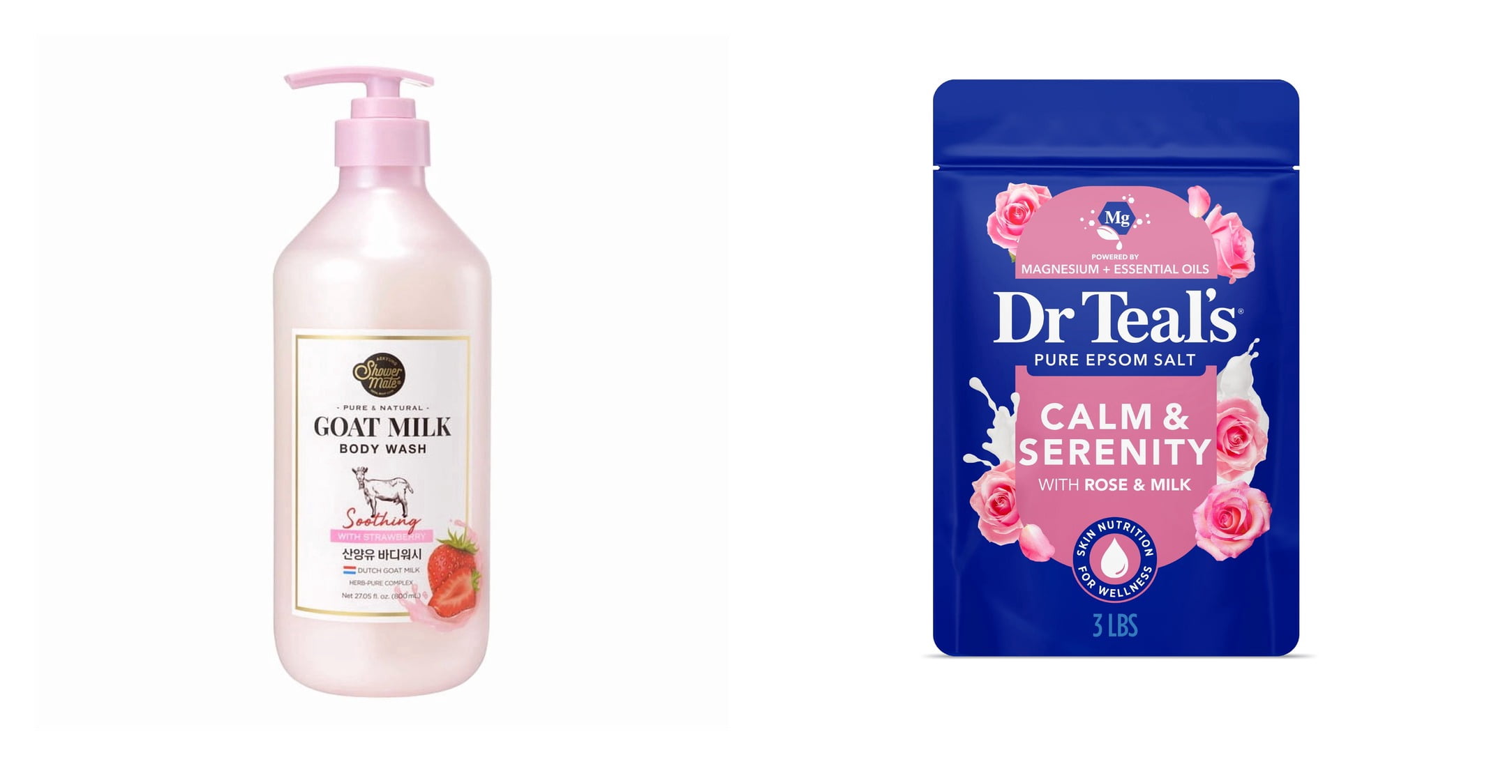 Aekyung Showermate Strawberry Goat Milk Body Wash & Dr Teal's Epsom Salt Magnesium Soak, Calm & Serenity with Rose Essential Oil & Milk Protein 3 lbs Bundle