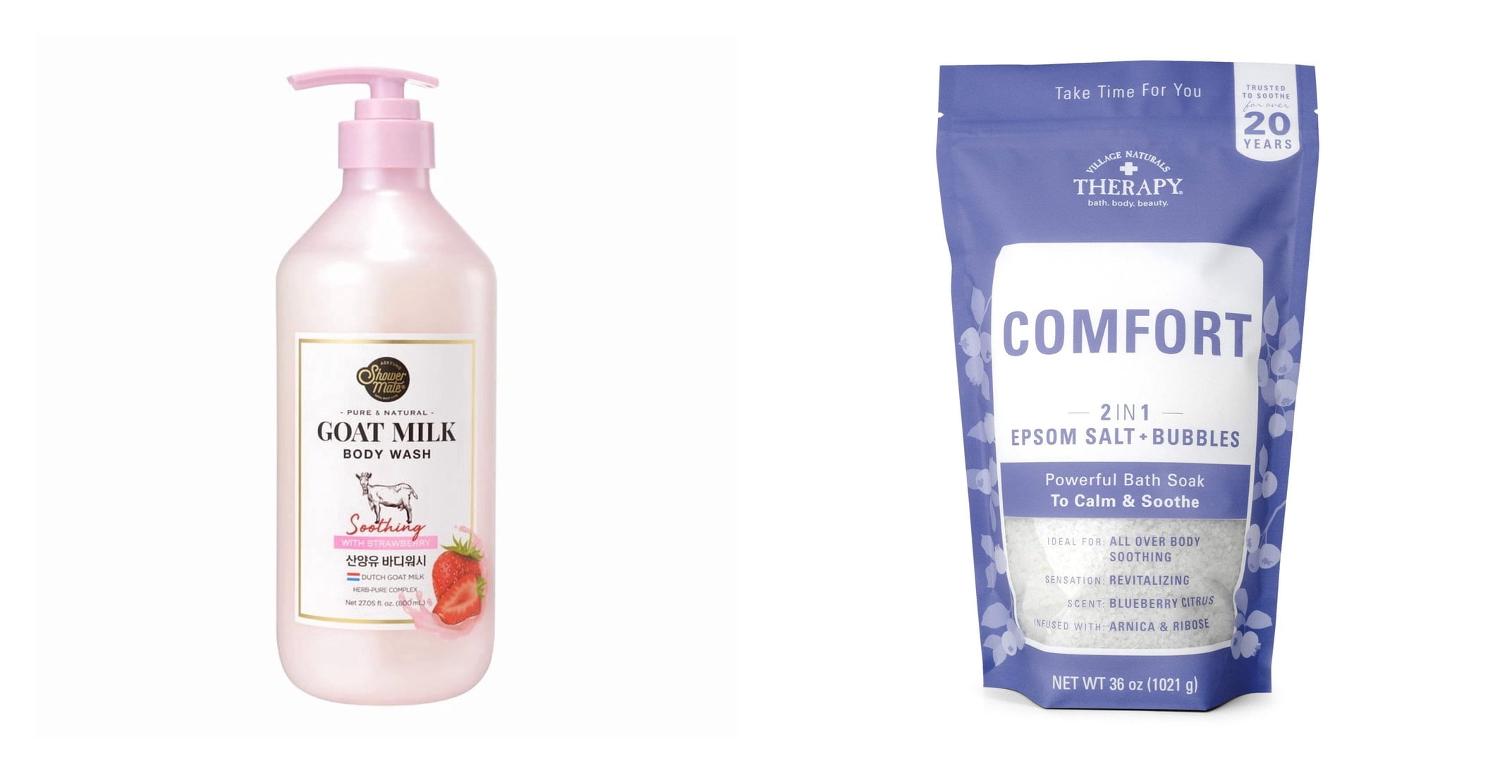 Aekyung Showermate Strawberry Goat Milk Body Wash & Village Naturals Therapy Comfort 2in1 Foaming Epsom Bath Soak, Blueberry Citrus Scent Bundle