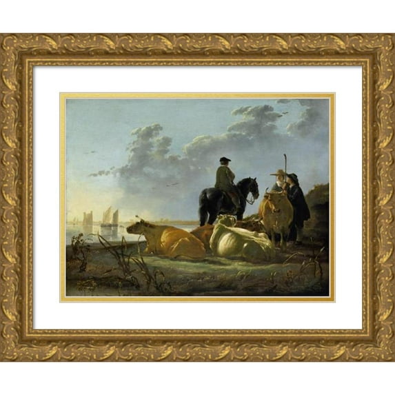 Aelbert Cuyp 14x11 Gold Ornate Wood Frame and Double Matted Museum Art Print Titled - Peasants and Cattle by the River Merwede (C. 1658 - 1660)