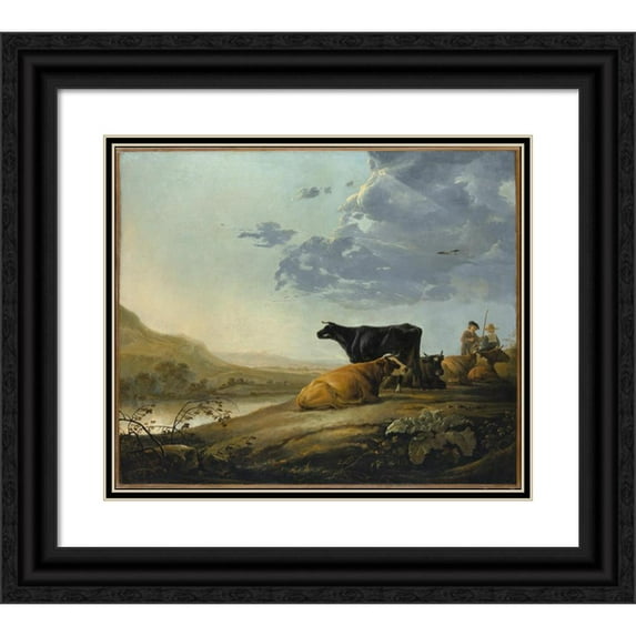 Aelbert Cuyp 14x12 Black Ornate Wood Framed Double Matted Museum Art Print Titled: Young Herdsmen with Cows (ca. 1655-60)