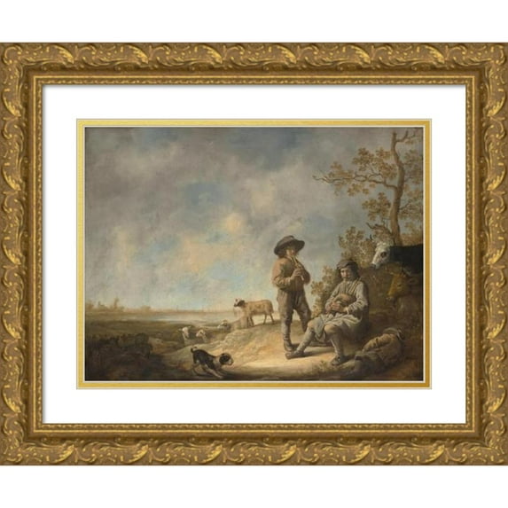 Aelbert Cuyp 18x14 Gold Ornate Wood Frame and Double Matted Museum Art Print Titled - Piping Shepherds (ca. 1643-44)