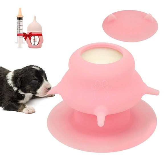 Aelflane Puppy Milk Feeder,Dispenser Food Grade Silicone with 4 Dummy Nipples 230ml Capacity,Leak Proof Ideal Height Strong Suction,Puppy Milk Feeding Station for Newborn Dogs(Pink)