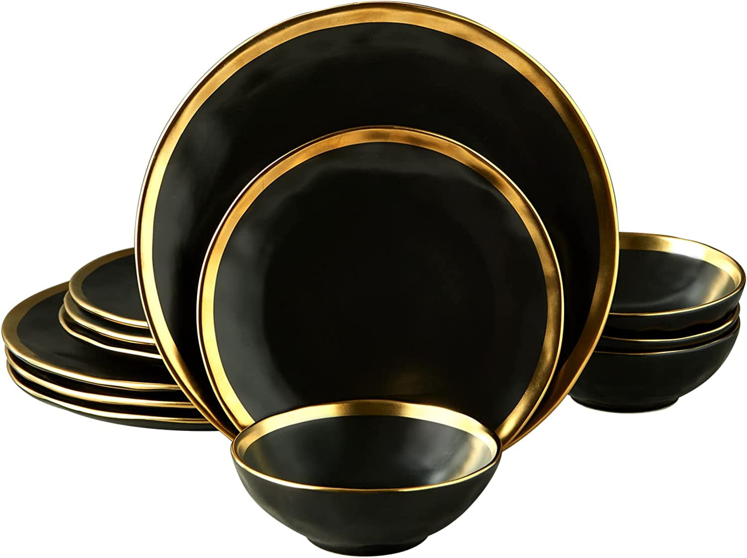 Aelkan Matte Black Plates and Bowls Sets, 12 Piece Dinnerware Sets Service for 4, Dishes, Round