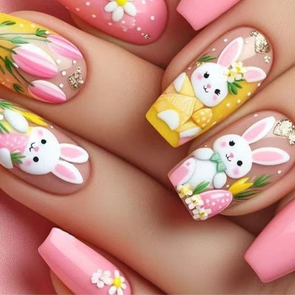 Aellinatey 24Pcs Easter Fake Nail Glossy Press on Nail False Nail Tips Artificial Nail