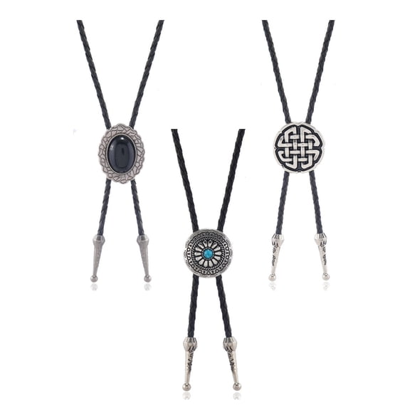 Aellinatey 3Pcs Leather Rope Bolo Tie Western Cowboy Metal Flower Stone Pendant Necktie