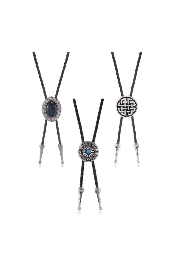 3Pcs Leather Rope Bolo Tie Western Cowboy Metal Flower Stone Pendant Necktie