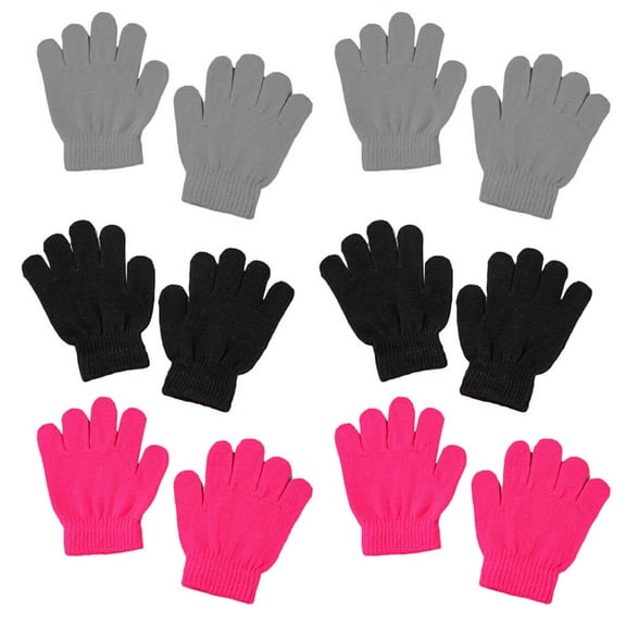 Aellinatey 6 Pairs Children Kids Winter Knitted Full Finger Gloves Student Neon Solid Color Outdoor Cycling Warm Magic Mittens