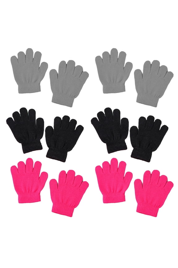 6 Pairs Children Kids Winter Knitted Full Finger Gloves Student Neon Solid Color Outdoor Cycling Warm Magic Mittens