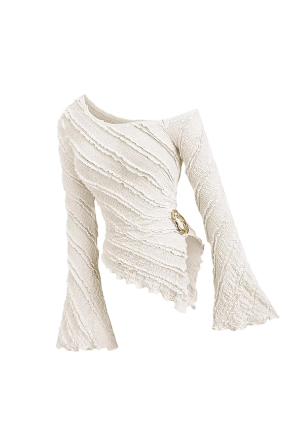 Asymmetrical Blouse Long Sleeve Off Shoulder Textured Knit Crop Top for Women