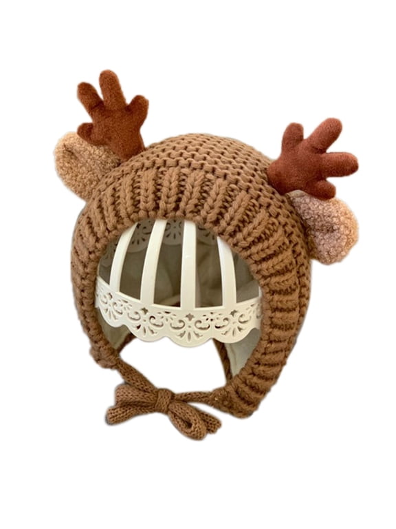 Baby Trapper Hat Earflap with Chin Strap Cartoon Deer Antlers Animal Knit Cap