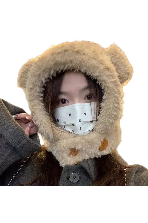 Bear Ear Plush Earflap Hat Windproof Thermal Fuzzy Skull Cap Earmuffs Ski Hat