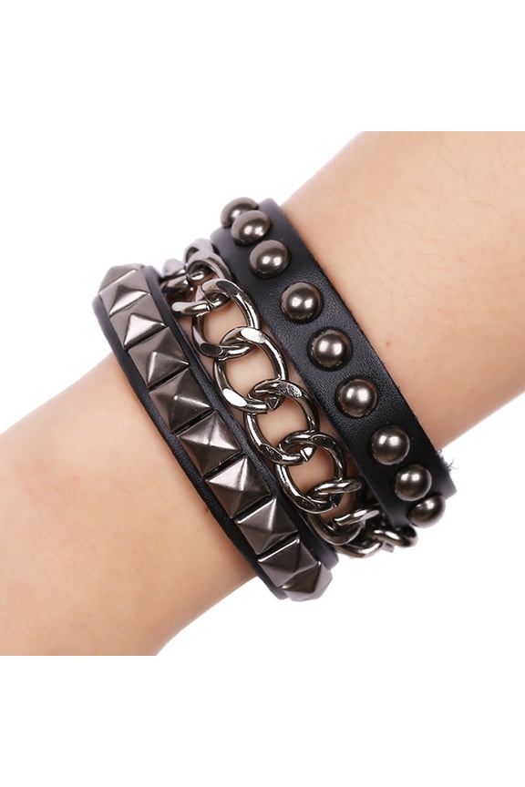 Black Leather Bracelet for Men Women Adjustable Punk Spike Metal Cuff Bangle