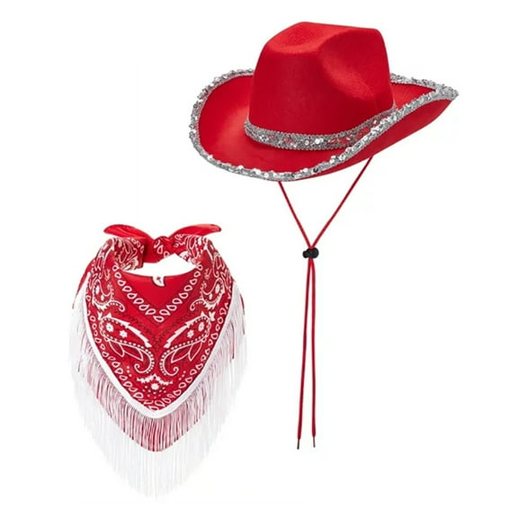 Aellinatey Blingbling Cowgirl Hat and Scarf Sequined Brim Hat and Tasseled Scarf