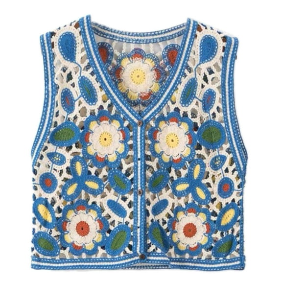 Aellinatey Boho Flowers Summer Crochet Vest Tops Hollow Out Button Waistcoats for Female