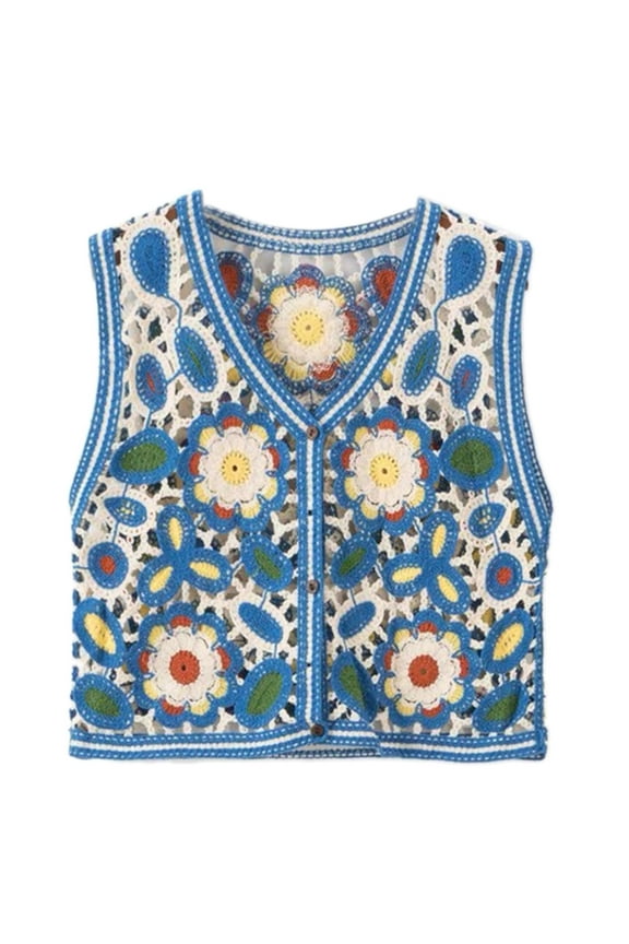 Boho Flowers Summer Crochet Vest Tops Hollow Out Button Waistcoats for Female
