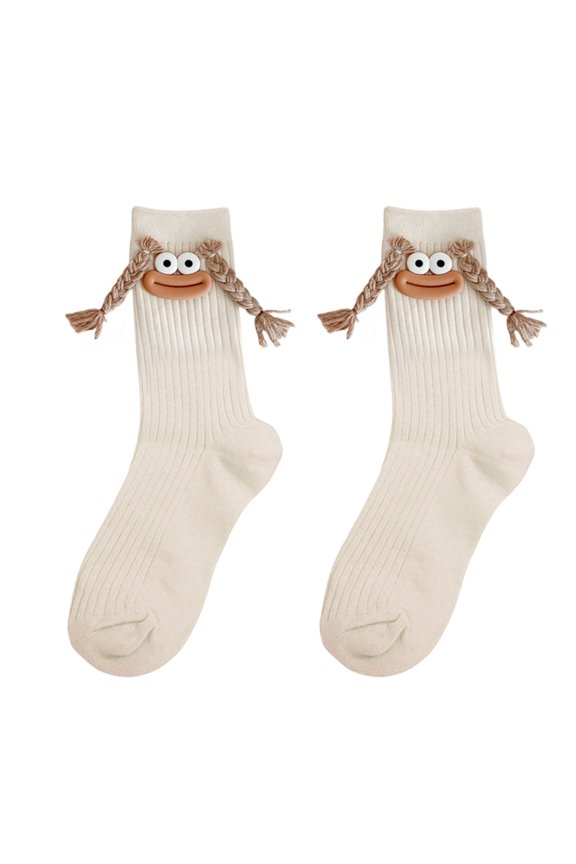 Braid Stitched Smile Cotton Calf Socks Quirky Fashion Statement