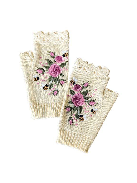 Casual Outdoor Gloves with Embroidered Flower Pattern, Soft Acrylic Texture, Easy Cool-Day Carry Companion Appeal