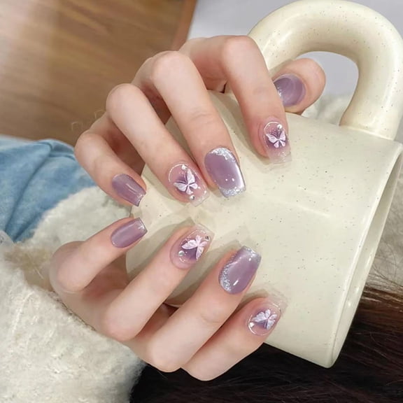 Aellinatey Cats Eye Press on Nail Square Fake Nail with Butterfly Designs Stick On Nail