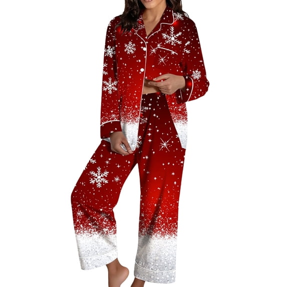 Aellinatey Christmas Pajamas Women's Two-Piece Christmas Pajamas Long Sleeve Button Shirt and Pants Set Home Clothes
