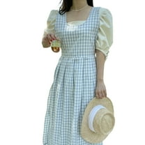 Aellinatey Cotton Gingham Apron for Home Cooking and Chefs Pleated Split Pinafore Dress