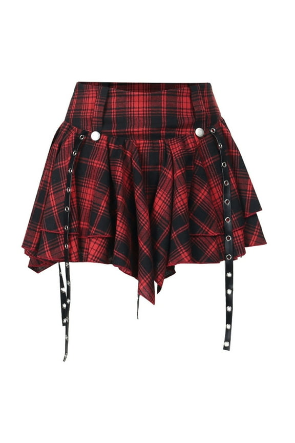 Dark Goth Women Checkered Pleated Ruffle Eyelets Bandages A Line Mini Skirt