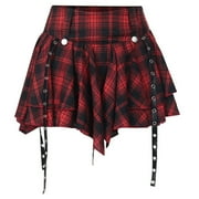 Aellinatey Dark Goth Women Checkered Pleated Ruffle Eyelets Bandages A Line Mini Skirt