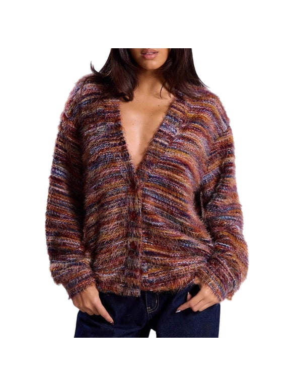 Deep V Neck Womens Cardigan Fuzzy Knit Long Sleeve Button Down Autumn Sweater