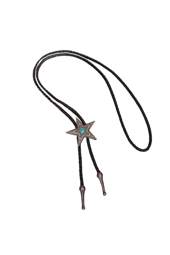 Elegant Cowboy Bolo Tie with Metal Star Turquoises Adjustable Leather Necktie